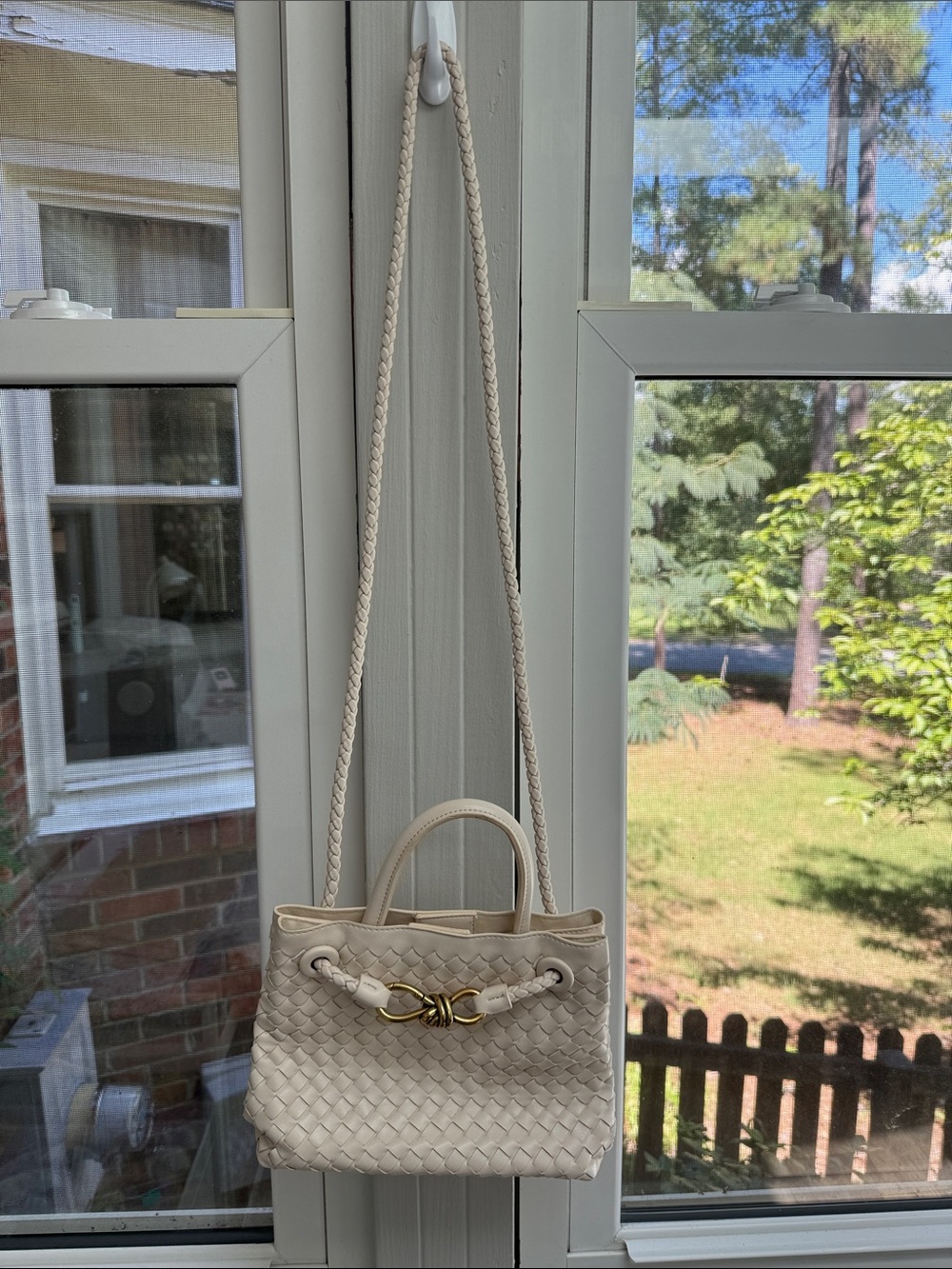 Cream Woven Vegan Leather Convertible Strap Purse